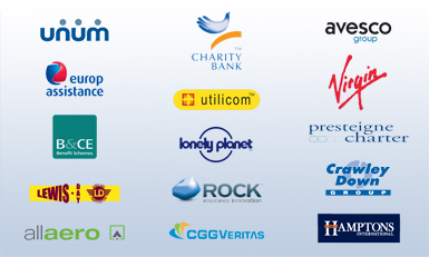 Unum, Charity Bank, Avesco, Europ Assistance, Utilicom, Virgin, B&CE, Lonley Planet, Presteigne Charter, Lewis, Rock, Crawley Down Group, Allaero, CGG Veritas, Hamptons